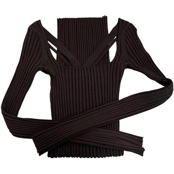 HELMUT LANG Strap Rib-Knit Bodycon Mini Dress Brown Long Sleeve Size M NEW - Picture 8 of 14